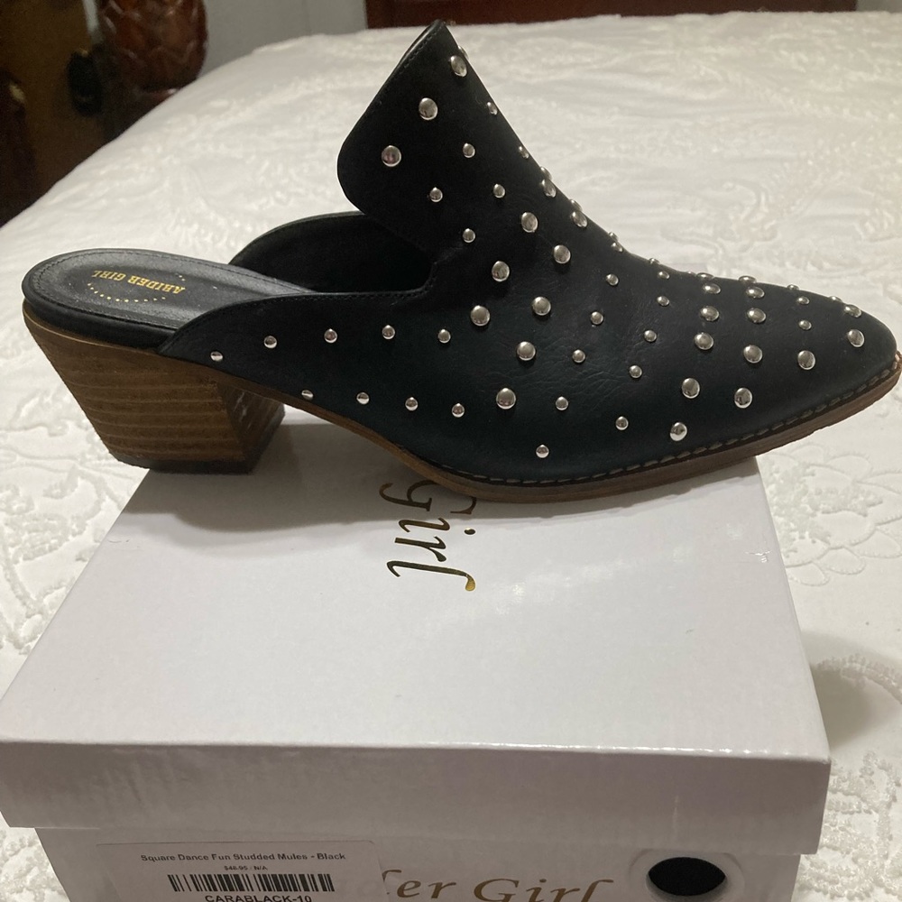 A Rider Girl Studded Mules, size 10, 2 inch heel, worn once.